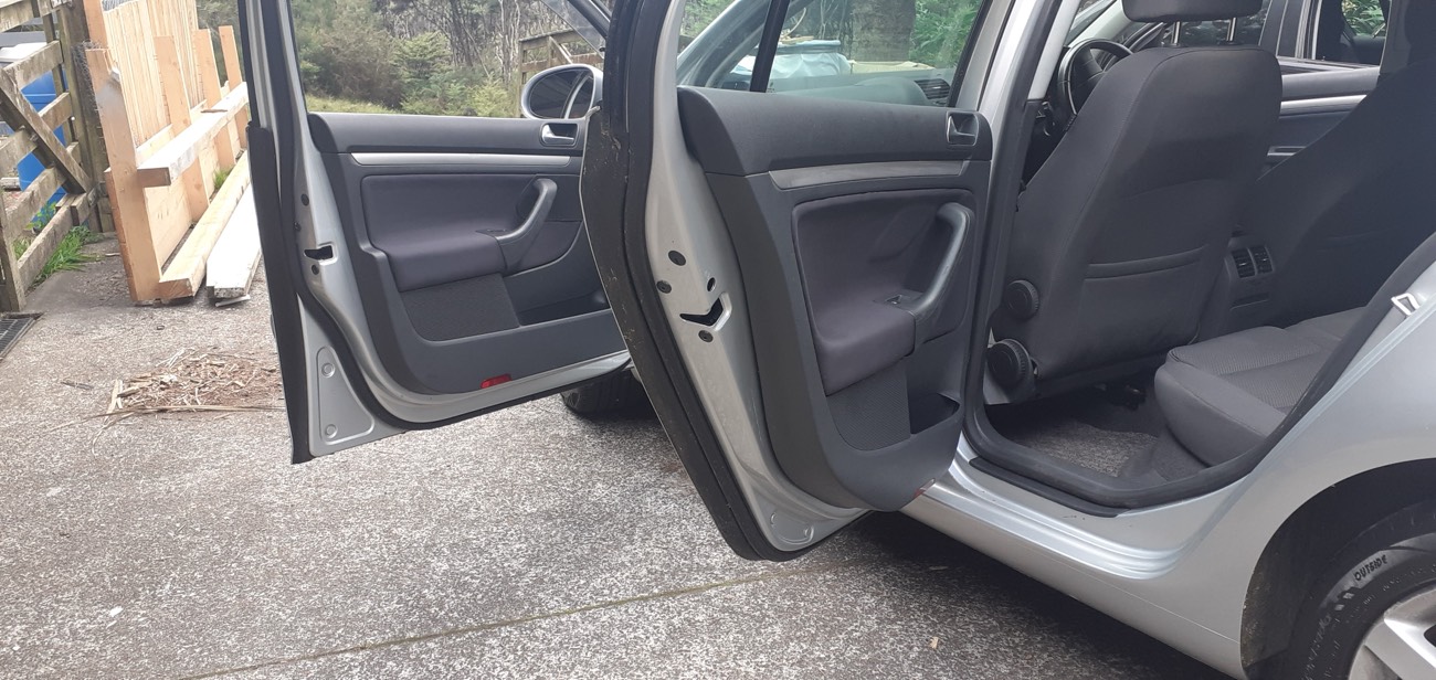 VW with door open showing re-covered door cards — Jay's Auto Trim, Massey, Auckland